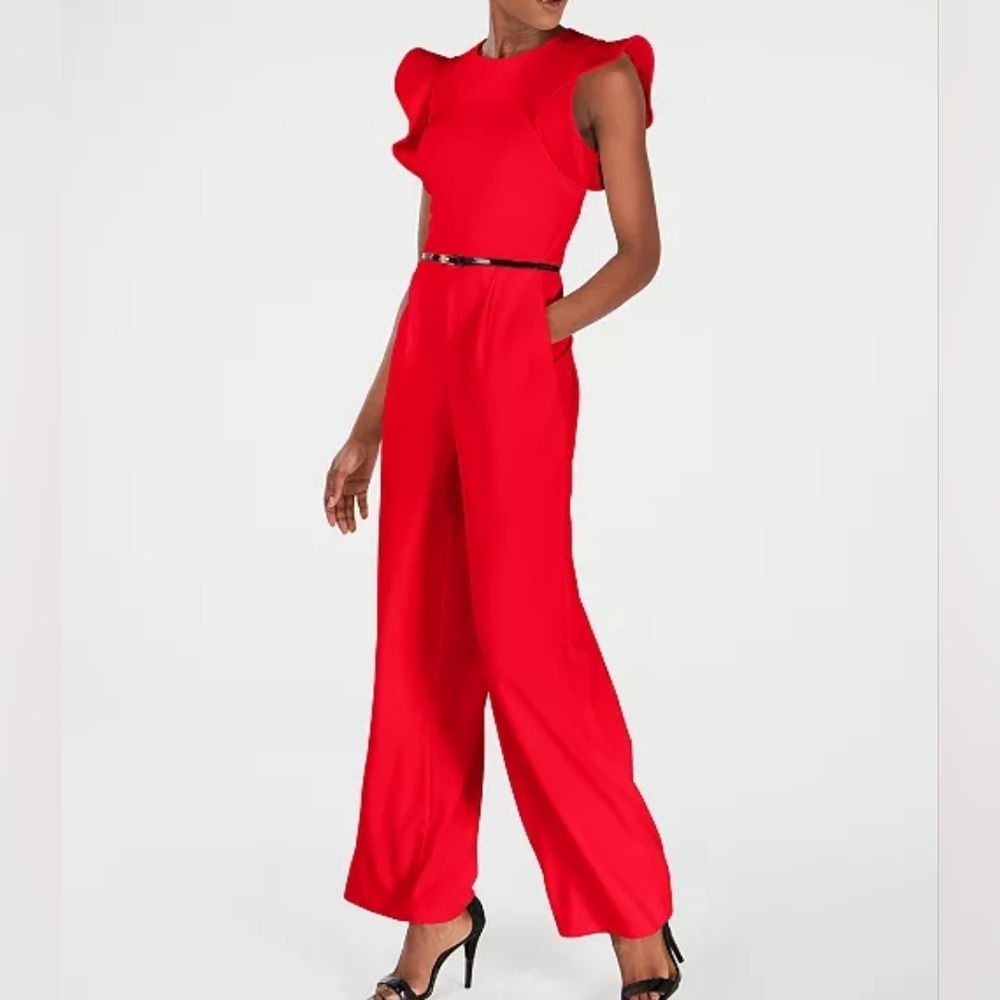 Calvin Klein Red  Ruffle-Sleeve Jumpsuit